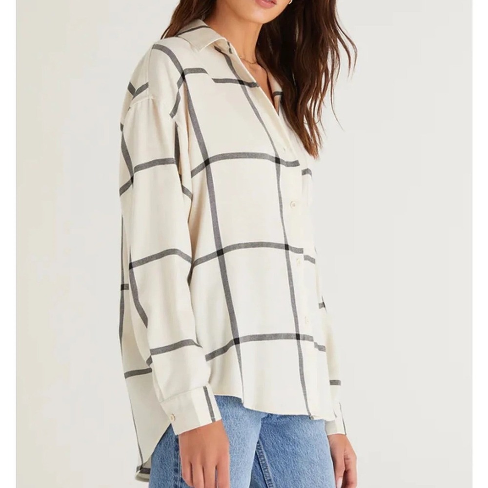 Z Supply Flannel Plaid Grid Button Up Shirt, Small Cream Black Relaxed Minimal